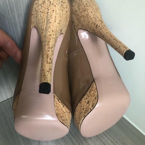 Gucci Women's Patent Leather Pink Tan Peep-Toe Heels - Picture 6 of 12